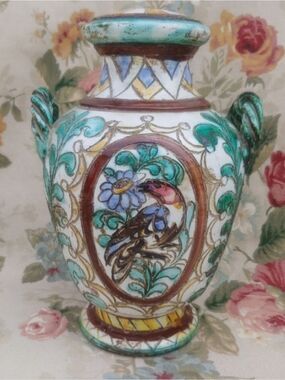 Vintage Italian Mojalica Sgraffito Pottery Urn Lamp with Bird and Floral Motif